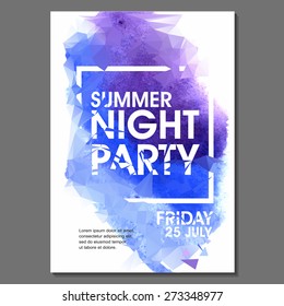 Summer Night Party Vector Flyer Template - EPS10 Design. Polygonal graphic. Watercolor spot.