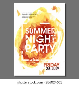 Summer Night Party Vector Flyer Template - EPS10 Design. Polygonal graphic. Watercolor spot.