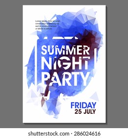 Summer Night Party Vector Flyer Template - EPS10 Design. Polygonal graphic. Watercolor spot.