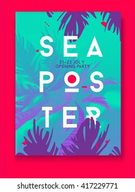 Summer Night Party Vector Flyer Template. Modern stile. Sea poster with palm. Blue.