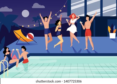 Summer night pool party. Happy young people have a rest by the swimming pool. Vector flat illustration.