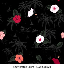 Summer night Seamless island pattern on dark background. Landscape with palm trees,beach and ocean vector hand drawn style on black 
