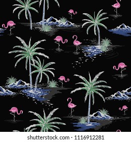 La noche de verano, el patrón de isla sin fisuras sobre fondo negro. Paisaje con palmeras, playa, aves flamingo y estilo vectorial oceánico dibujado a mano.