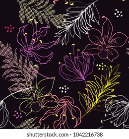 Summer night Seamless vector floral pattern. Wild flowers, muti-color and colorful outlines on dark  background. Textile design in vector.