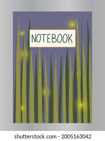 Tapa temática de la noche de verano en un moderno estilo vectorial plano. Maqueta de la muela dibujada a mano con hierba y luciérnagas. Concepto de diseño para libro de trabajo, libro escolar, hoja de título, bloc de notas, bloc de notas, bloc de notas.