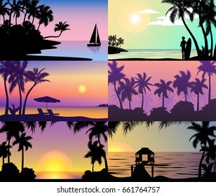 Summer night time sunset vacation nature tropical palm trees silhouette beach landscape of paradise island holidays vector illustration.