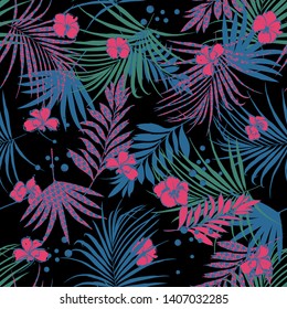 Summer night tripical Seamless floral pattern with flower and houndstooth fill-in leaves. Vector colorful illustration on black background color design for fashion fabric web wallpaper and all prints