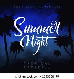 Summer night. Tropical background with palms, sky and sunset. Summer Time