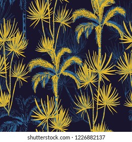 Summer night tropical hand drawn doodle line sketch palm and coconut trees ,island design for fashion, fabric, and all prints on navy blue background color