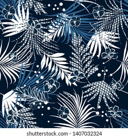 Summer night tropical seamless pattern with flowers and houndstooth fill-in leaves Houndstooth background. Vector illustration on navy blue design for all prints