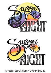 Summer night. T-shirt design. Glasses reflect twilight and palm trees