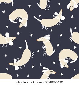 Summer night vector seamless pattern of playing dachshunds and stars. Perfect for T-shirt, textile and prints. Hand drawn illustration for decor and design.