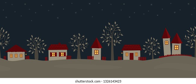 Summer night in the village. Country landscape. Seamless border. There are houses and trees on the starry sky background. Vector flat illustration.