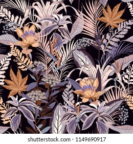 Summer night wild forest full of  blooming flower in many kind of florals seasonal seamless pattern vector ,hand drawing style for fashion, fabric and all prints on black background.