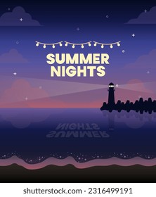 Summer nights beach illustration background vector.