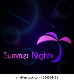 Summer nights neon sign. Stars. Vector background.