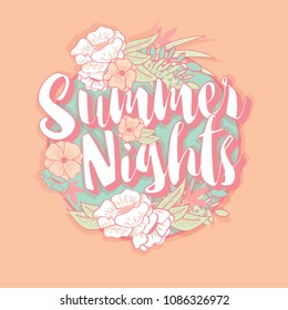 Summer nights typography banner round design in tropical flower frame, vector illustration
