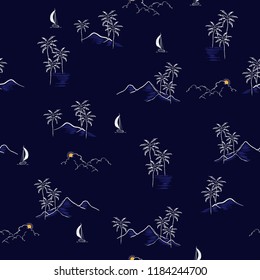Summer nignt  Hand drawn summer island tropical seamless pattern vector regular repeat design for fashion,wallpaper,and all prints on navy blue background color