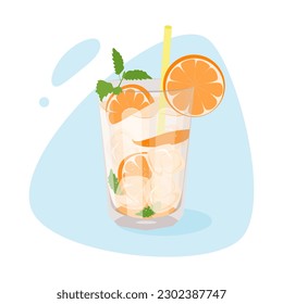  En verano, cóctel sin alcohol con rodajas de naranja, menta y cubos de hielo. Ilustración vectorial.