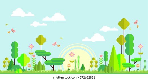 Summer noon forest flat panorama background. Simple and cute landscape for app, web, game design.