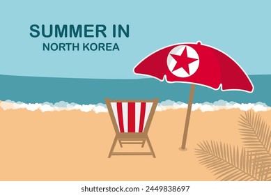 Summer in North Korea, beach chair and umbrella, vacation or holiday in North Korea, vacation concept vector design, summer holiday, sea sand sun, travel and tourism idea