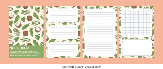 Summer notebook covers. Exotic templates set for diary. Coconut with tropical leaves pages collection