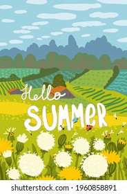 Summer nuture landscape. Colorful rustic greeting card.  Cottagecore, countryside fields landscape.