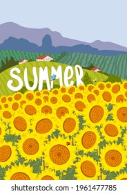 Summer nuture landscape. Sunflowers yellow floral greeting card.  Cottagecore, countryside fields landscape.