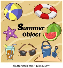Summer object - ball, life ring, star fish,sun glasses,glass of ice tea,watermelon,bucket of sand. Set of summer object. cute summer illustration.
