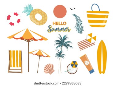 Summer object with beach,sea,tree,sun,chair for postcard