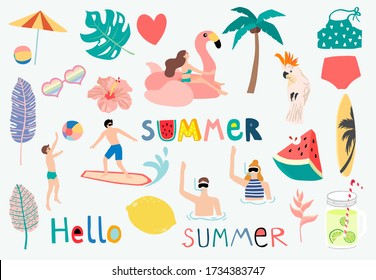 Summer object collection with watermelon,lemon,float and surfboard.Vector illustration for icon,logo,sticker,printable,postcard and invitation