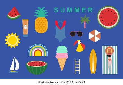 objeto de verano con sandía, piña, sol, playa. ilustración Vector para postal
