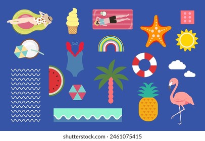 summer object with watermelon,pineapple,sun,beach.illustration vector for postcard
