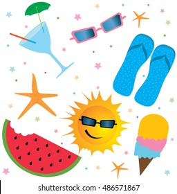 Summer objects. Cocktail, glasses, slippers, sun, icecream, watermelon, sea stars.