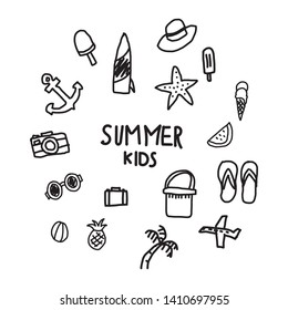 Summer Objects Drawing, Kids Vector