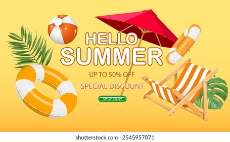 objetos de verão voando no fundo amarelo.hello conceito de verão até 50% de desconto especial, bônus, oferta conceito venda banner vetor ilustração.