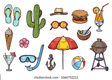 Summer objects hand drawn colorful sketch set. Food, cocktails ,beach accessories, flower, cactus. Summer doodle vector illustration. Vacation design elements. Eps 10