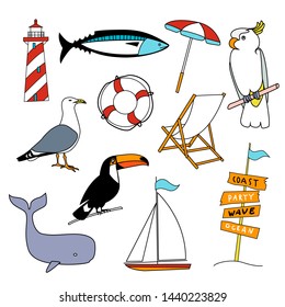 Summer Objects Icons Set, Equipment, Tool, Beach, Swimming, Sea, Vacations, Holiday, Lifestyle. 