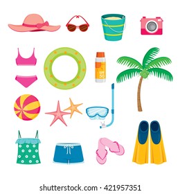 Summer Objects Icons Set, Equipment, Tool, Beach, Swimming, Sea, Vacations, Holiday, Lifestyle