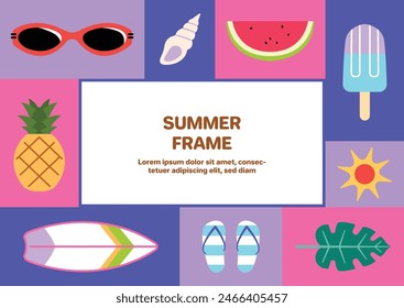 Summer objects illustration frame. A summer background with cute summer items.  