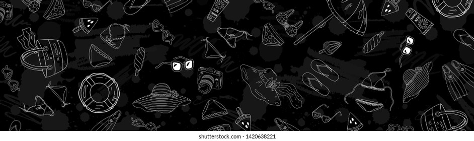 Summer objects line art background. Summer banner, icons . Holiday images on black background. White and black texture.