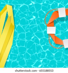 Summer objects made of crumpled colorful paper strips. Water textured background. Origami paper sup board, lifebuoy. Vector illustration.