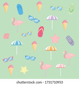 Summer objects seamless background pattern vector over the green background