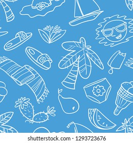 Summer objects seamless pattern. Beach background with palms and fruits. Vector illustration in doodle line art style for surface design, seasonal wallpapers, fabric, textile