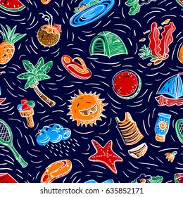 Summer objects seamless pattern. Doodle background with badminton, palm tree, flip flops, sun cream, ice cream, watermelon, cocktails. Beach vacation vector illustration. 