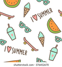 Summer objects seamless pattern. Vector hand drawn cartoon illustration