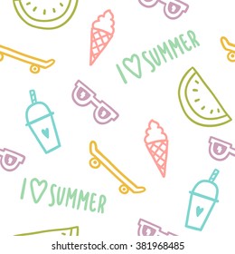 Summer objects seamless pattern. Vector hand drawn cartoon illustration