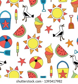 Summer objects seamless vector pattern. Sand bucket, shovel, ice cream cone, watermelon, popsicle, ball, seagull, starfish background.