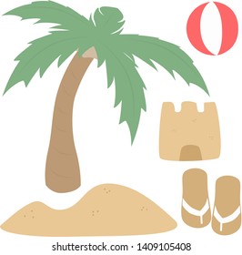 Summer objects in a simple cartoon style - Includes a palm tree, sand, sand castle, flip flops, and a beach ball.  Vector art with a transparent background.