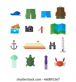 Summer objects vector set for travel and adventure with white background.